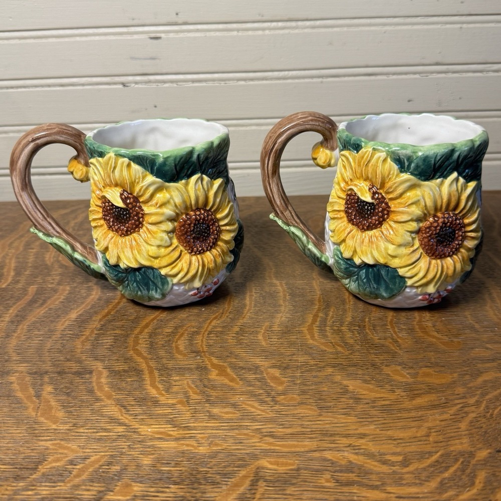 Fitz and Floyd Sunflower Coffee Mugs Set of 2 Ceramic 1992 Embossed Floral Cups